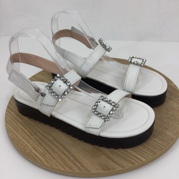 Schutz Womens Ruth Leather Crystal Buckle Platform Strappy Sandals White 8.5B - Picture 1 of 16